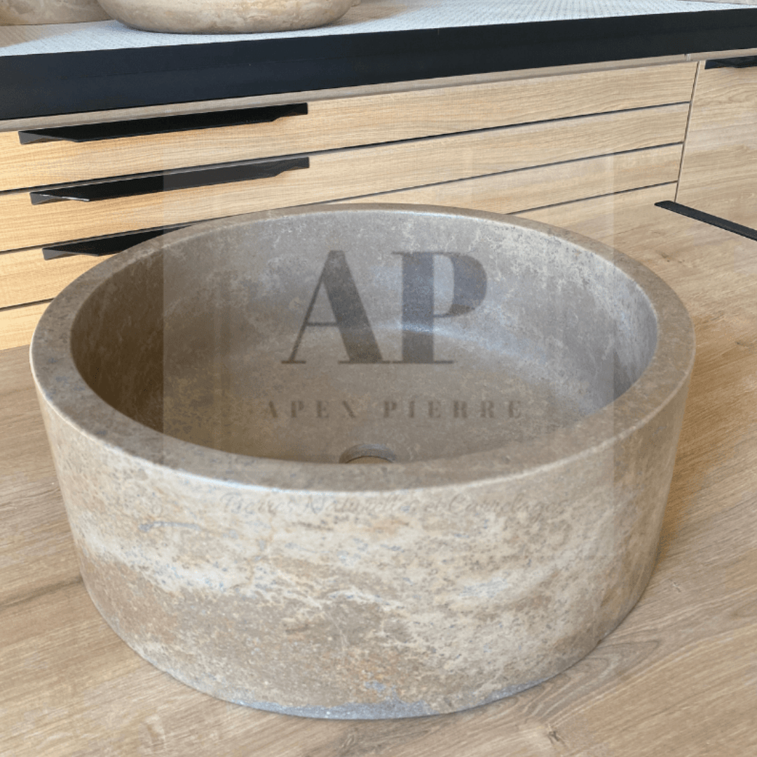 Vasque ronde en travertin Noisette - Apex Pierre - Salle de Bain (2)
