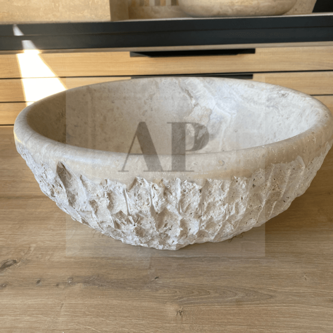 Vasque ronde pierre naturelle beige à poser - Travertin - Fabrication artisanale - Apex Pierre (1)