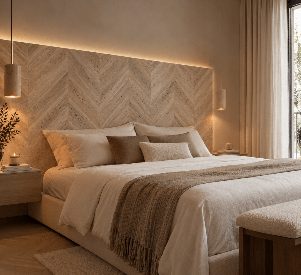 Tête de lit en travertin en point de Hongrie beige nuancé