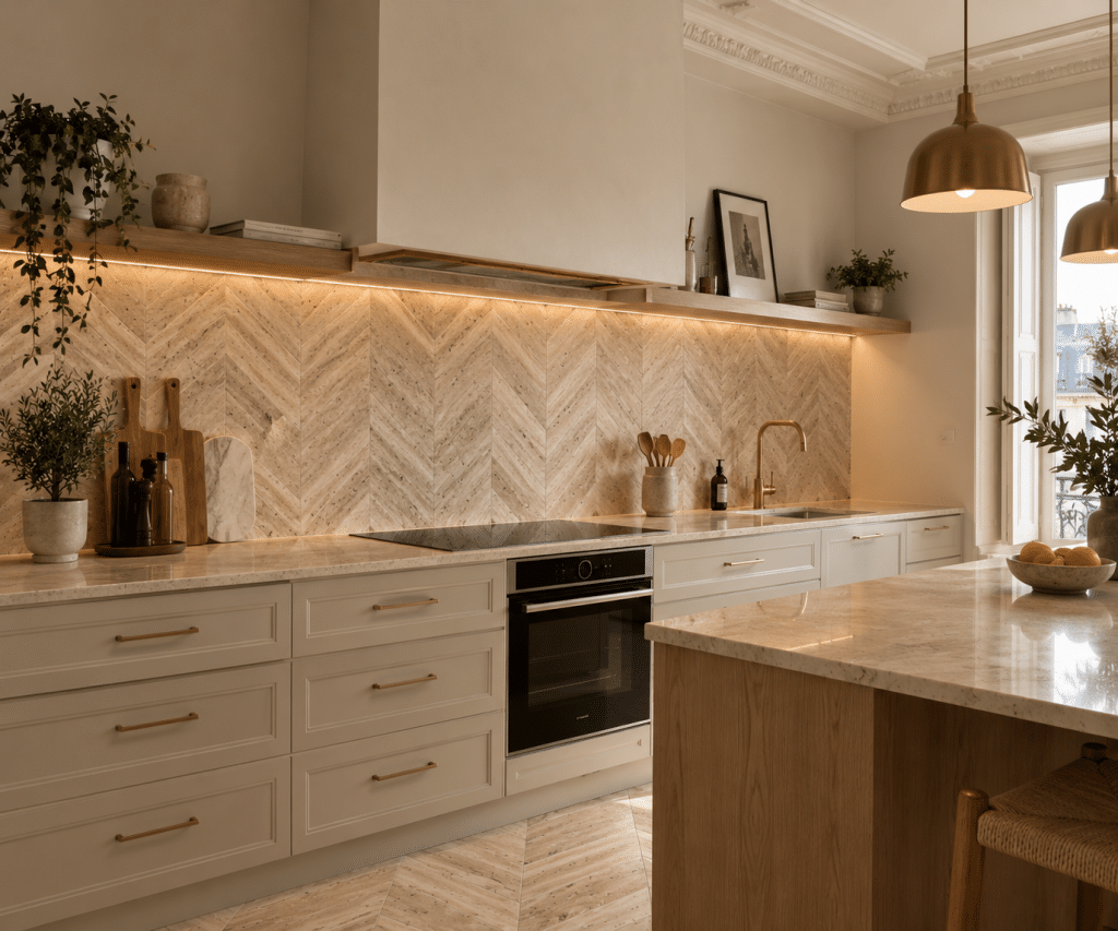 Crédence de cuisine en travertin en point de Hongrie beige nuancé
