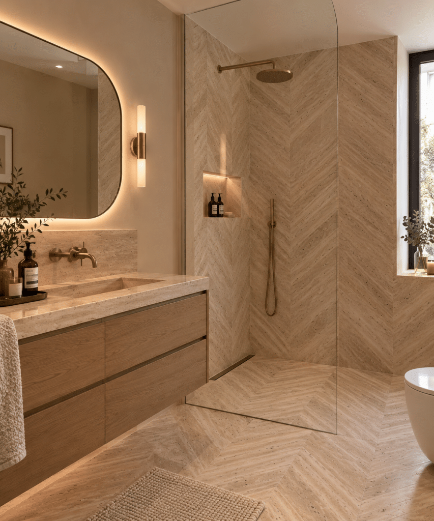Salle de bain avec travertin en point de Hongrie beige nuancé