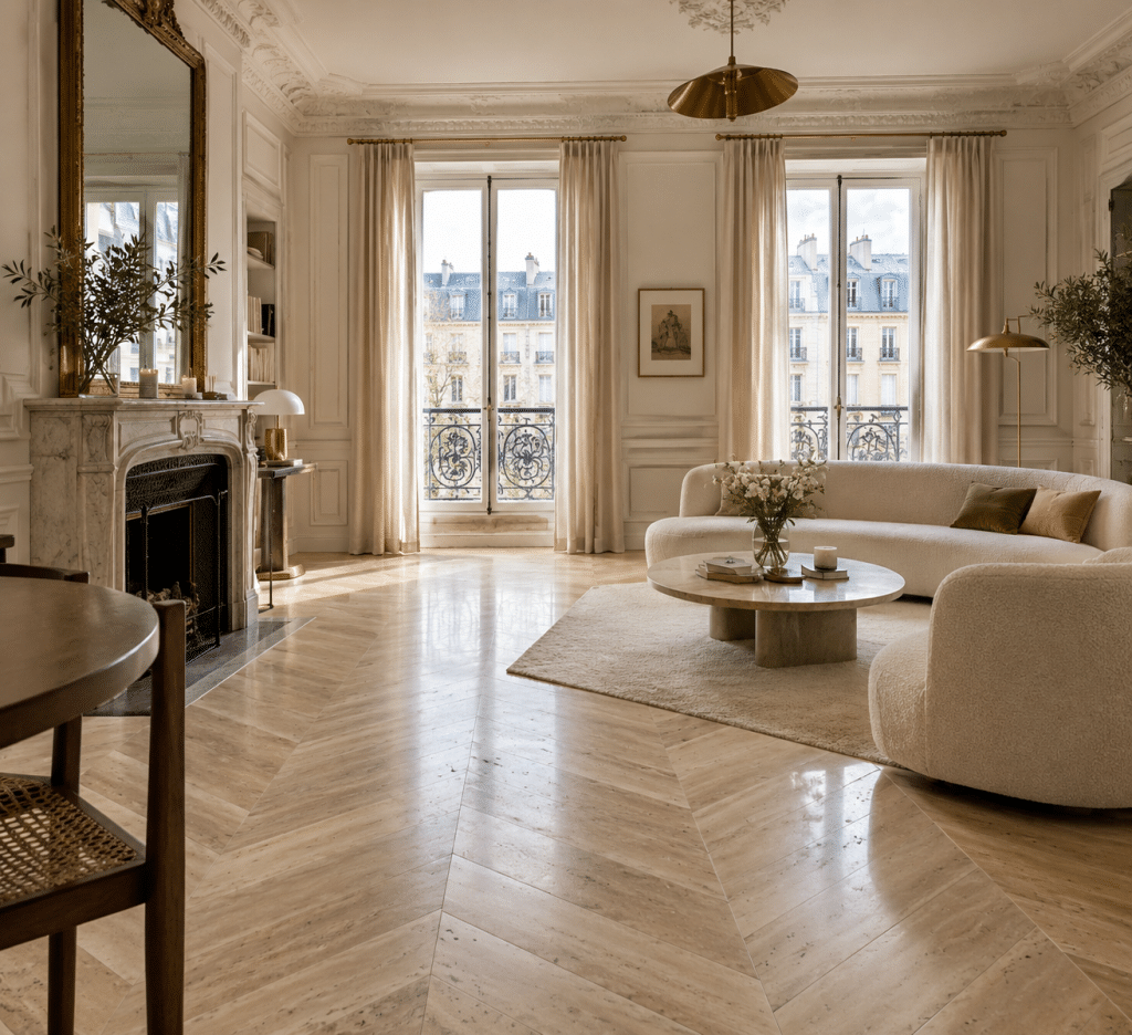 Salon avec travertin en point de Hongrie beige nuancé au sol