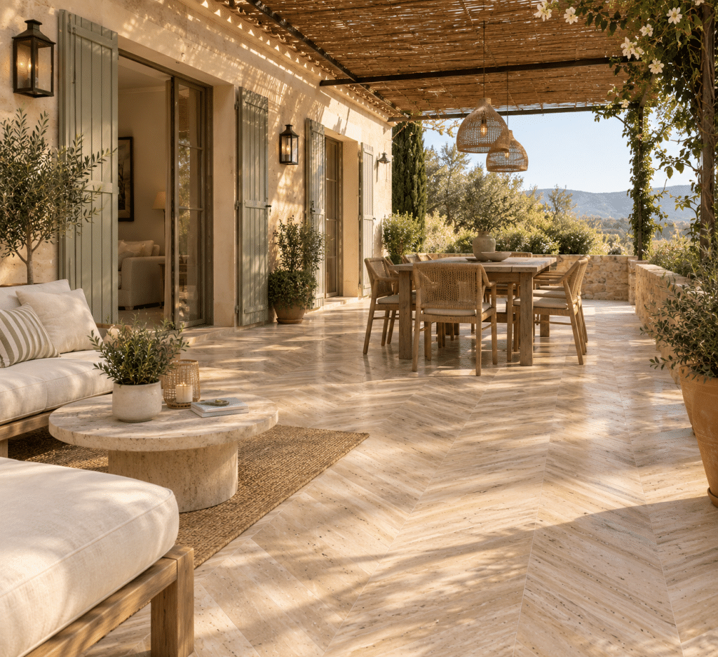 Terrasse en travertin en point de Hongrie beige nuancé