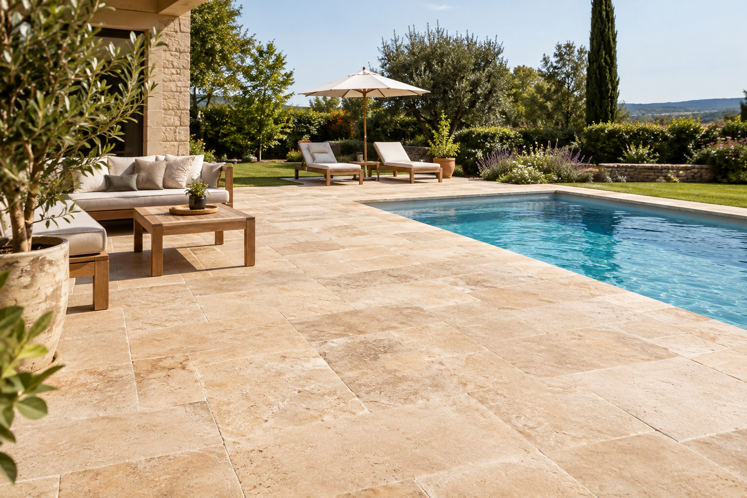 You are currently viewing Dallage extérieur en pierre naturelle : Choisir le bon travertin pour sa terrasse et sa piscine