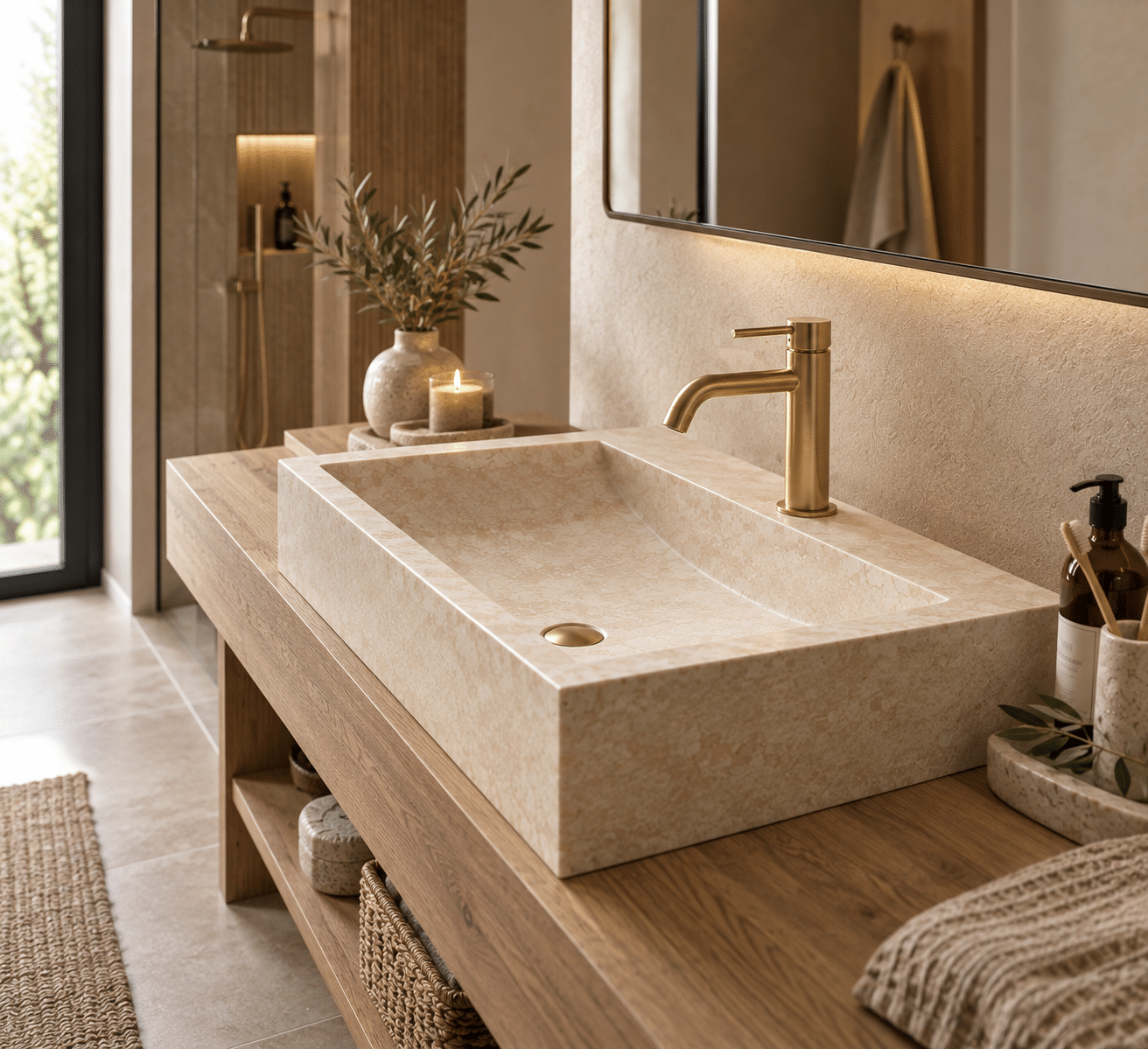vasque en travertin beige